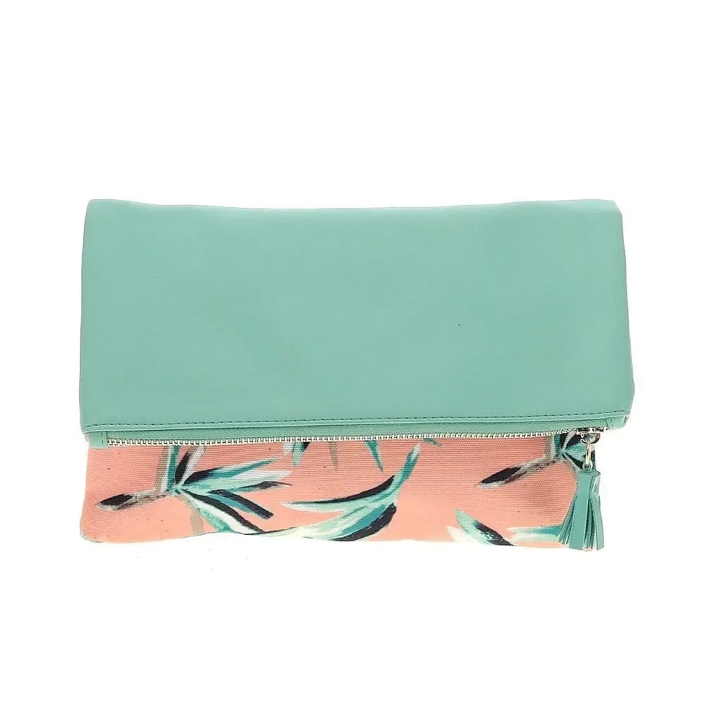 Rachel Palley Mint/Salmon Pink Tropical Fold over Clutch Pouch NWOT